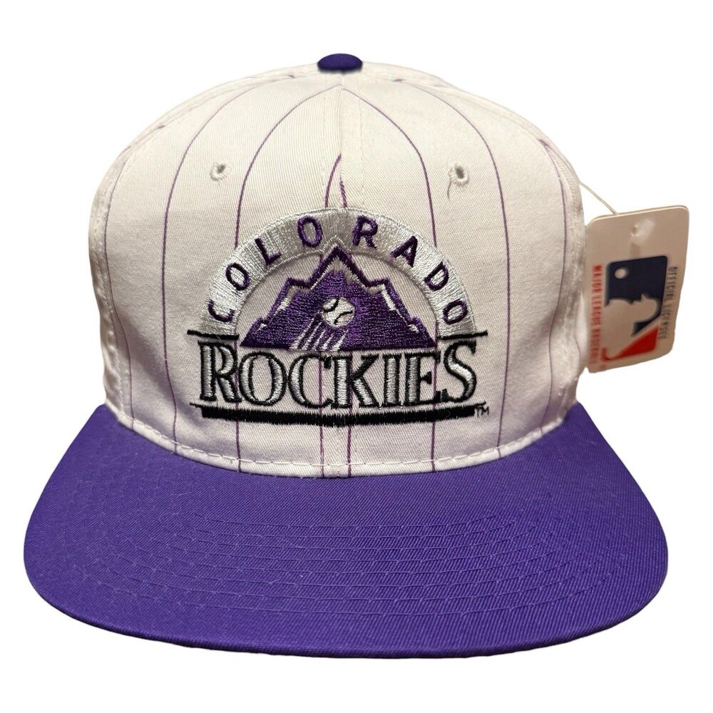 Vintage 90s Colorado Rockies Starter Snapback Hat White Purple Pinstripe NOS NWT